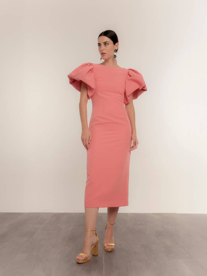 Dolores Promesas - Wholesale Dress - Women's - Coral balloon sleeve straight midi dress2