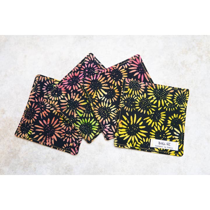 Sunflower Coasters, Batik Fabric Coasters, Handmade, Ships Fast!, Limited Quantity Left, Made in Hawaii for wholesale by shopbalihi