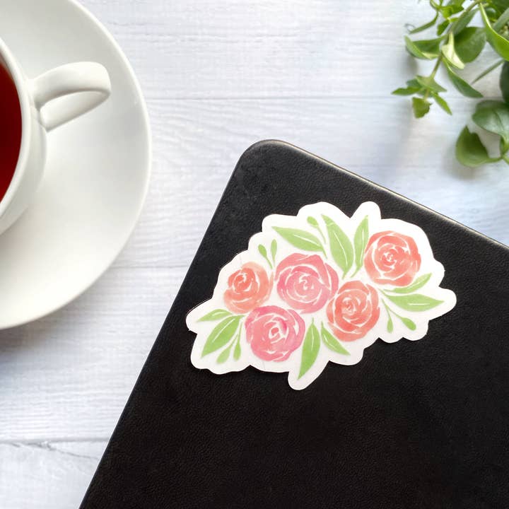 Kela Designs - Wholesale Sticker - Pink Watercolor Roses Clear Vinyl Sticker