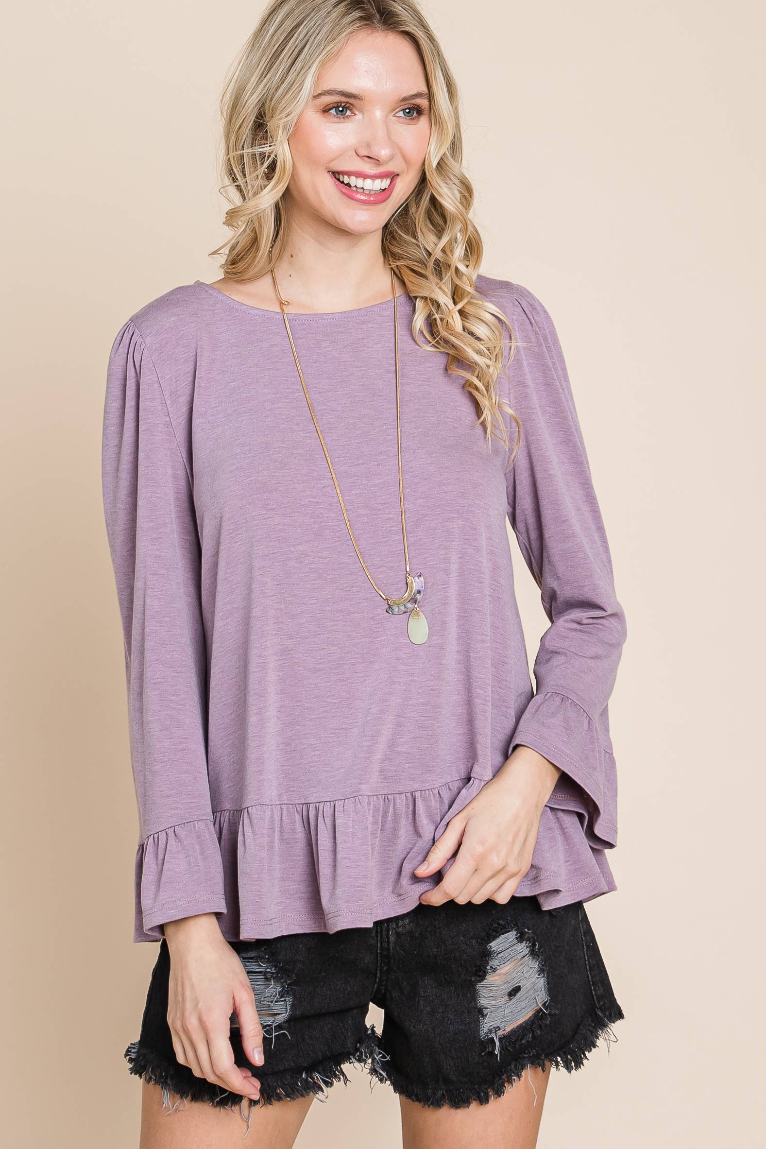 Emerald Collection - Wholesale Blouse - Women's - ETK-8690-PL Plus Size Babydoll Ruffle Hem Solid Top7