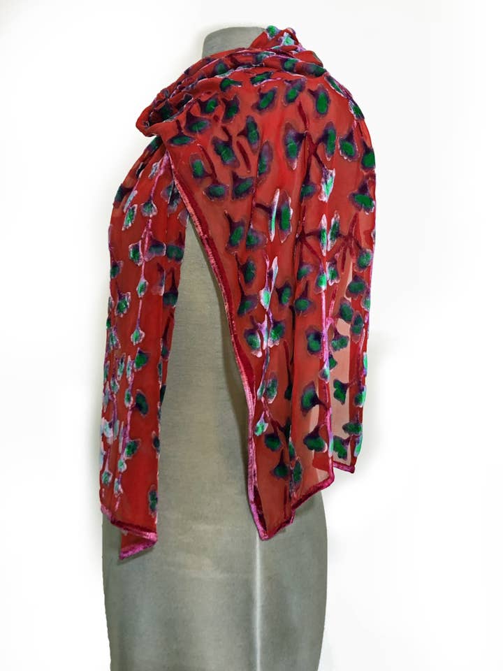 Devoré Velvet Hand painted Gingko Leaf Scarf in Red for wholesale by Sherit Levin Textiles