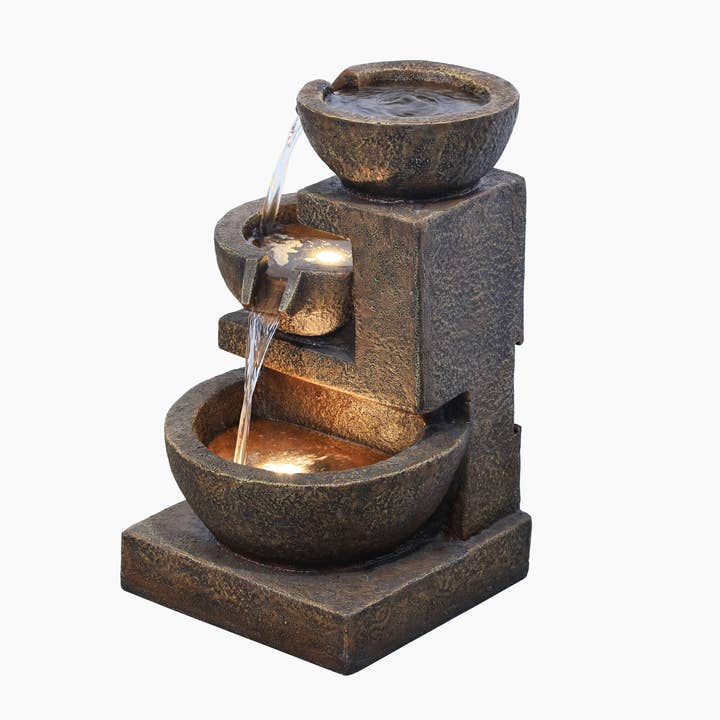 Hi-Line Gift Ltd. - Wholesale Outdoor Ornament/Decor - Cascading Bowl Fountain with Dual Warm White LEDs - Brown