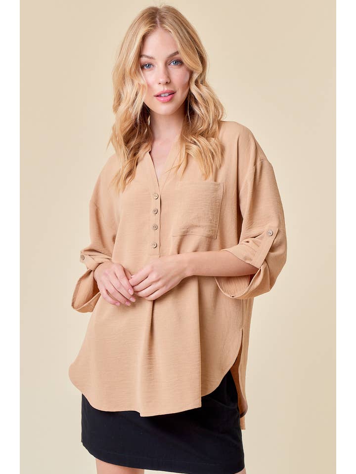 Doe and Rae - Wholesale Tunic - Women's - HALF BUTTON HI-LO BLOUSE - 43942T13