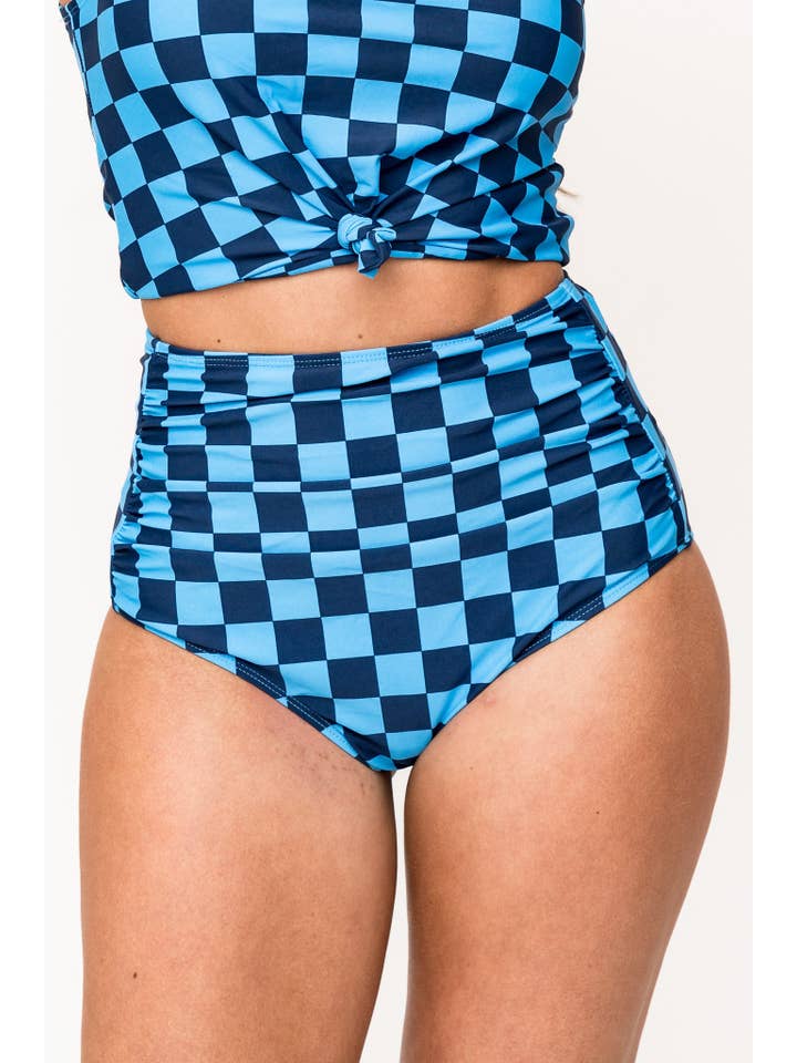 Blue Check High Waisted Ruched Swim Bottoms for wholesale on Faire
