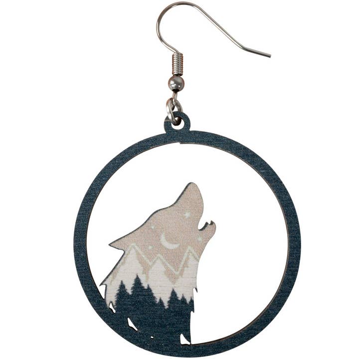 WOOD HOWLING WOLF EARRING for wholesale by Benjamin International