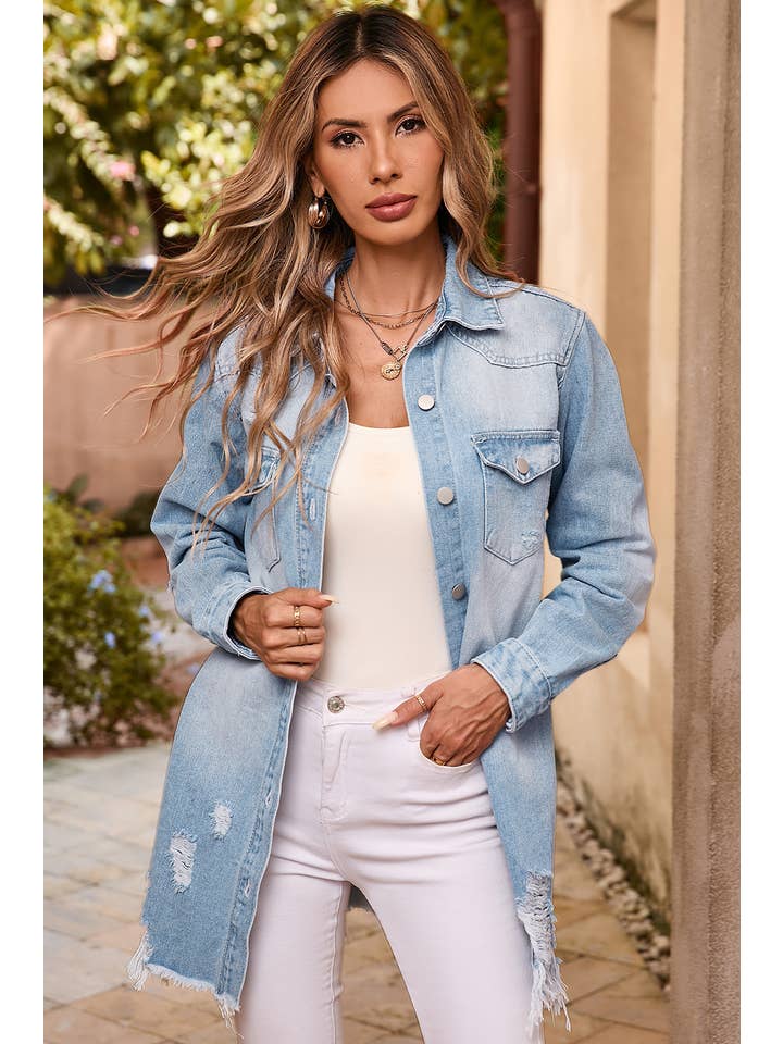 Beau Blue LDC Light Wash Distressed Frayed Long Denim Jacket for wholesale on Faire