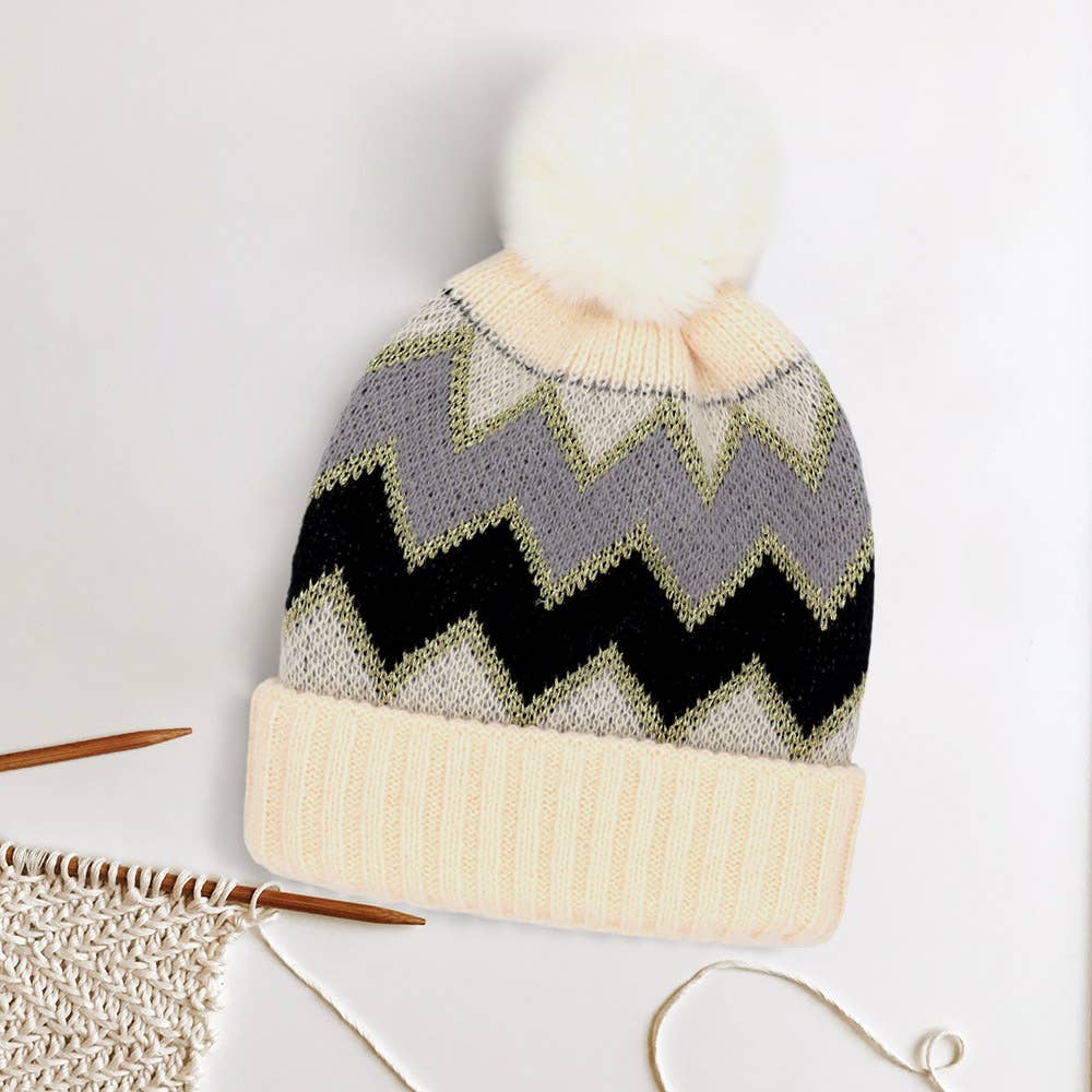 Sensibling Corp. - Wholesale Beanie - Women's - Zigzag Chevron Patterned Fuzzy Fleece Pom Pom Beanie Hat4