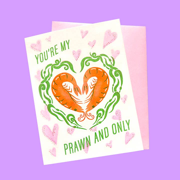 YOU'RE MY PRAWN AND ONLY - Riso Greeting Card for wholesale by Tamiko Sidore Studio