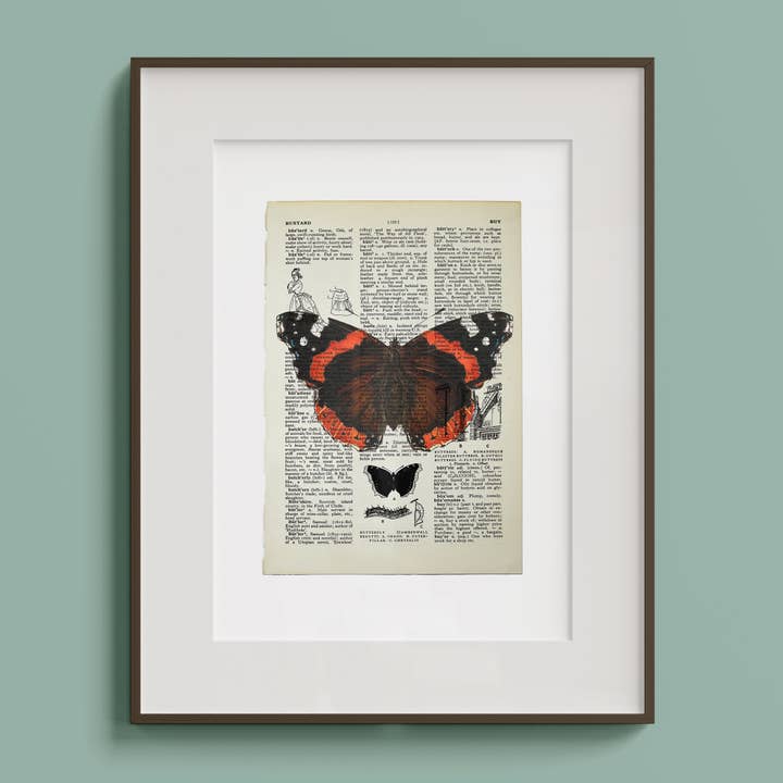 Red Admiral Butterfly Vintage Book Page A4 Art Print for wholesale by Hands & Hearts