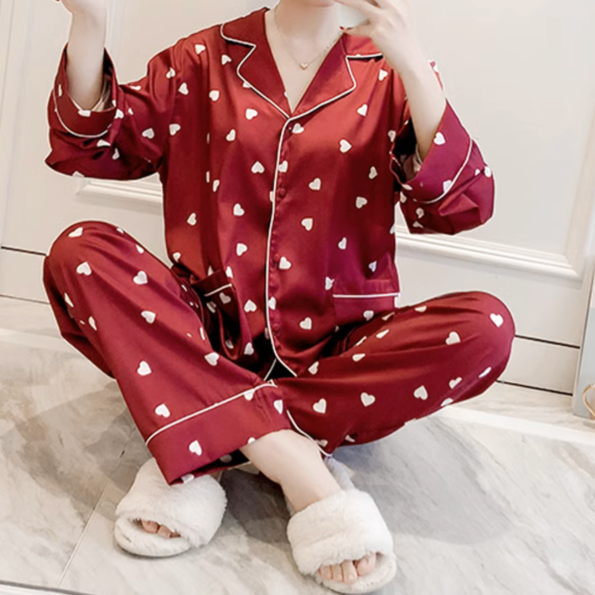 DrifWoo - Wholesale Sleepwear Set - Women's - Romantic Red Heart Satin Pajamas Women Set Gift for Her3