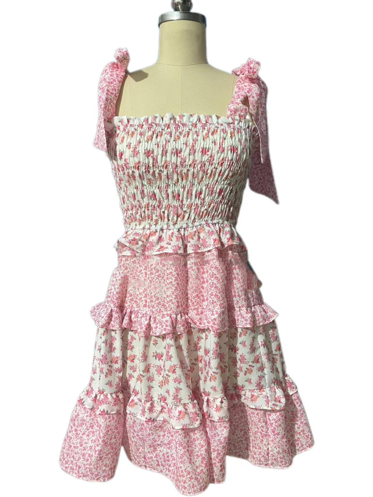 Rosa Clothing - Wholesale Dress - Women's - Floral Smocked bodice tiered mini sundress w bow straps1