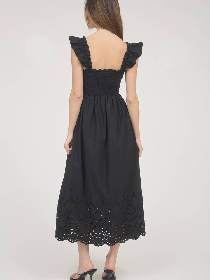Blu Pepper - Wholesale Dress - Women's - SMOCKED RUFFLE SLEEVE EYELET HEM MIDI DRESS