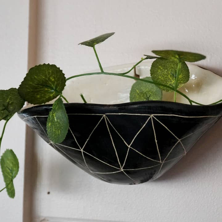 Geotriangle Wall Planter in Glazed Black & White for wholesale by Half Light Honey