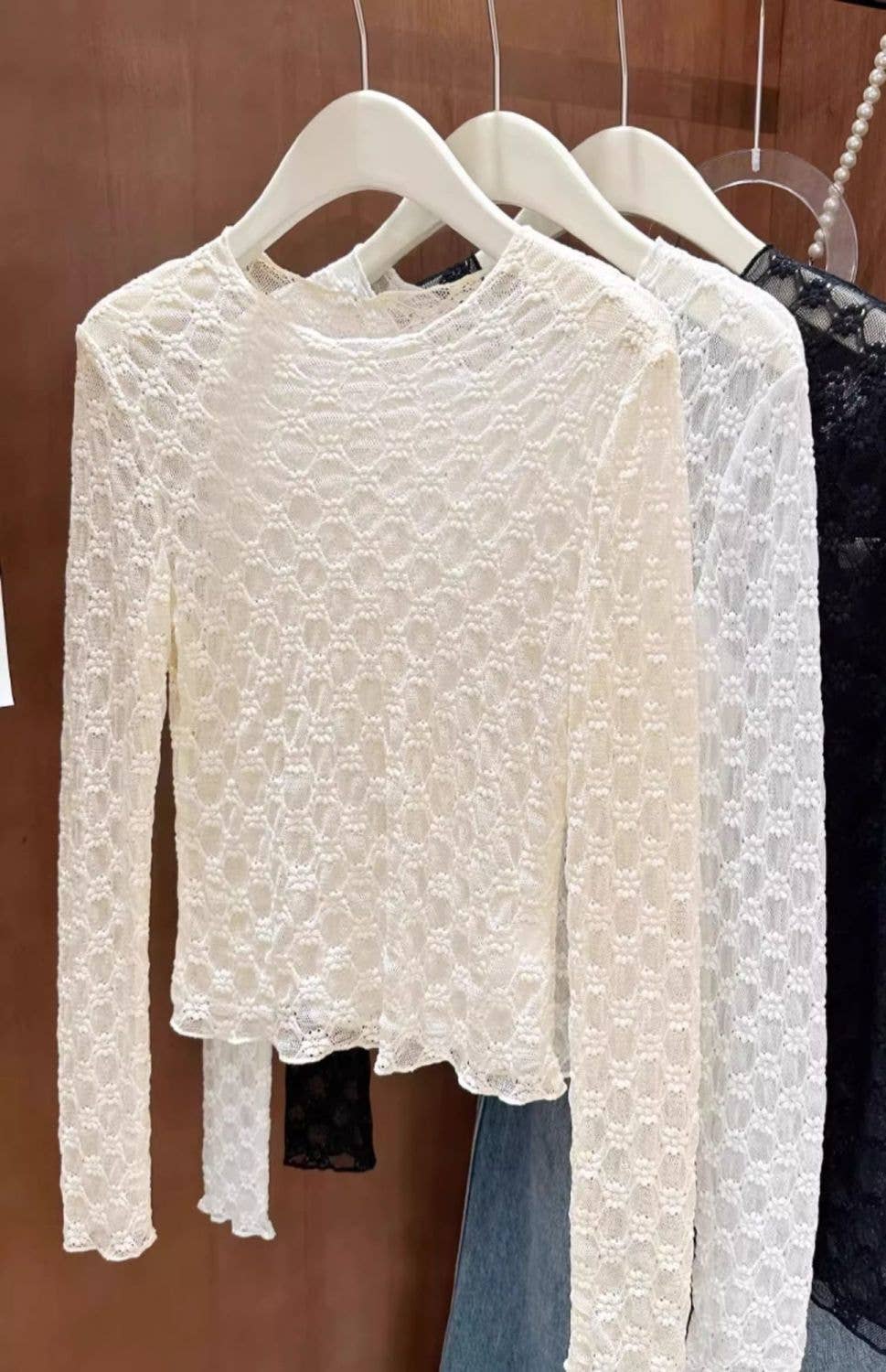 Rosa Clothing - Wholesale T-Shirt - Women's - Sheer Mesh Diamond Floral Lace Layering Fitted Crew Top17