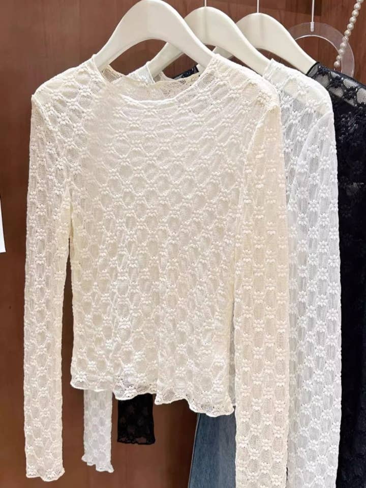 Rosa Clothing - Wholesale T-Shirt - Women's - Sheer Mesh Diamond Floral Lace Layering Fitted Crew Top17