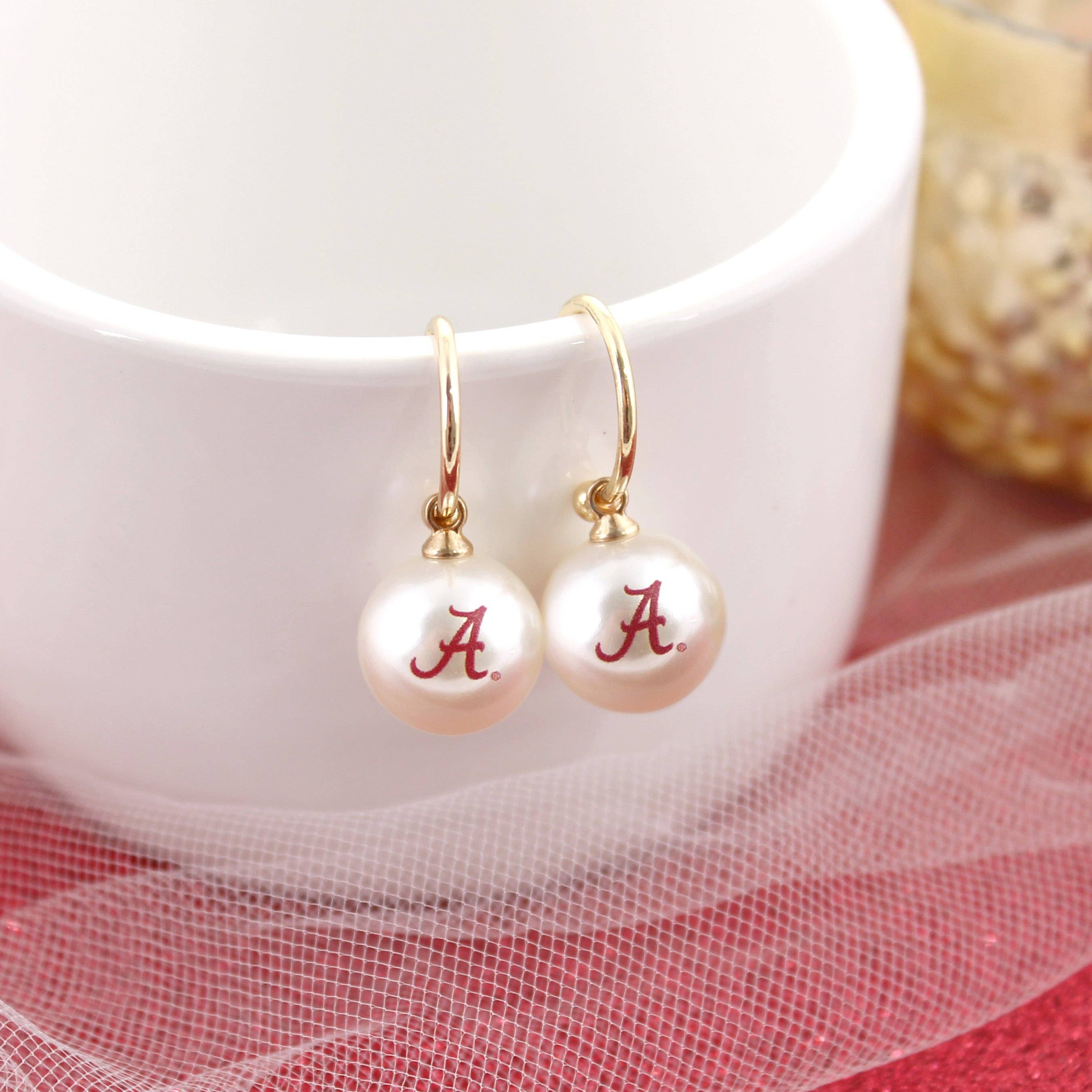 Seasons Jewelry - Wholesale Hoop Earrings - Alabama Logo Pearl Hoop Earrings