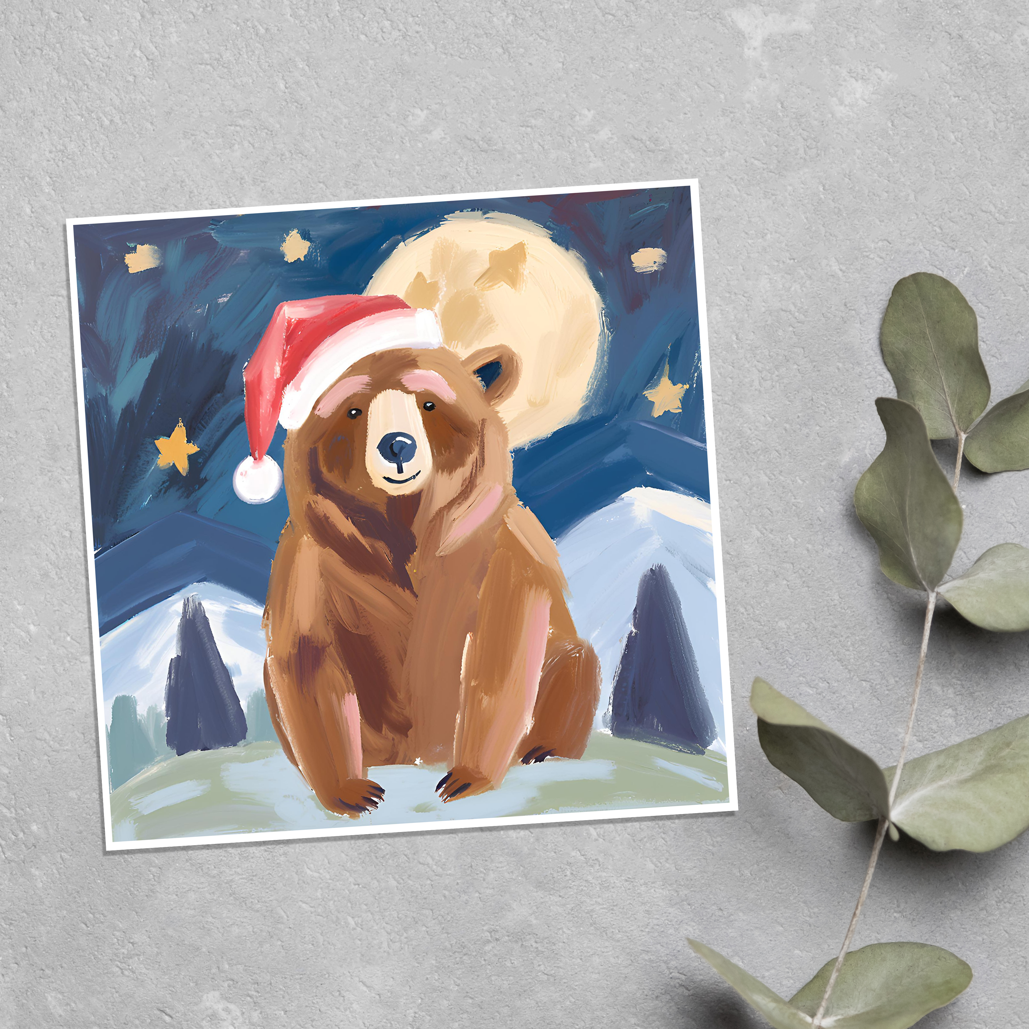KalooMoon Art - Wholesale Season's Greetings Card - Holiday Card: Christmas Bear with Santa Claus Hat, Mountains1