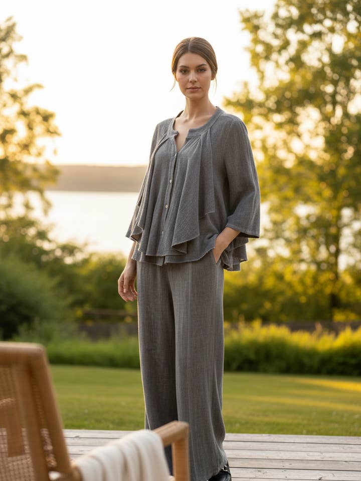 Ruffled cotton linen top 15835 for wholesale by Shyloh