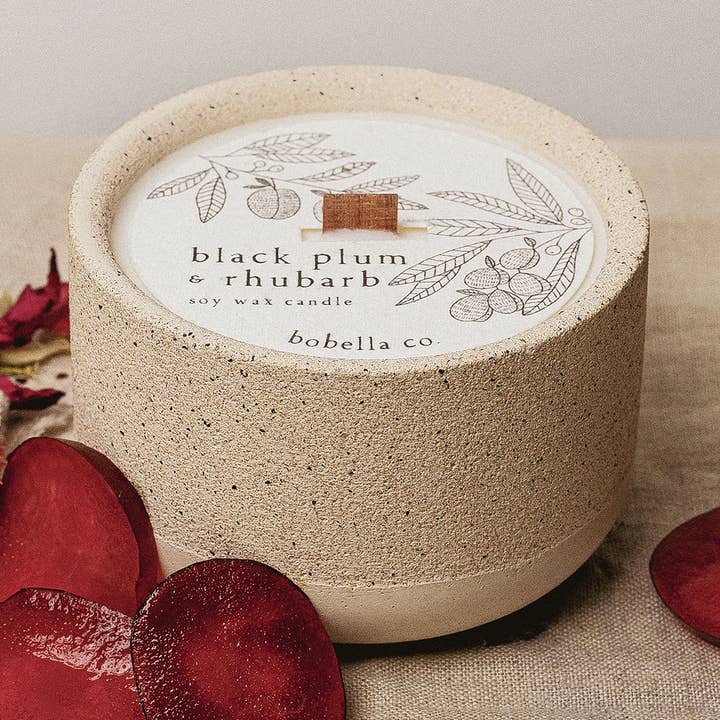 Black Plum & Rhubarb Soy Wax Candle for wholesale by Bobella Co.