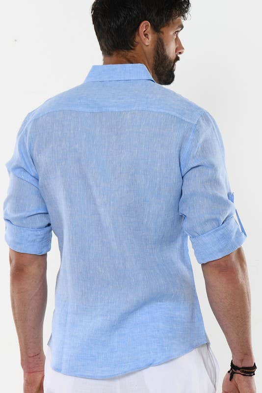Azucar & Bohio - Vente Chemise à col boutonné – homme - Chemise en lin 100 % à manches longues retroussables, douce au toucher8