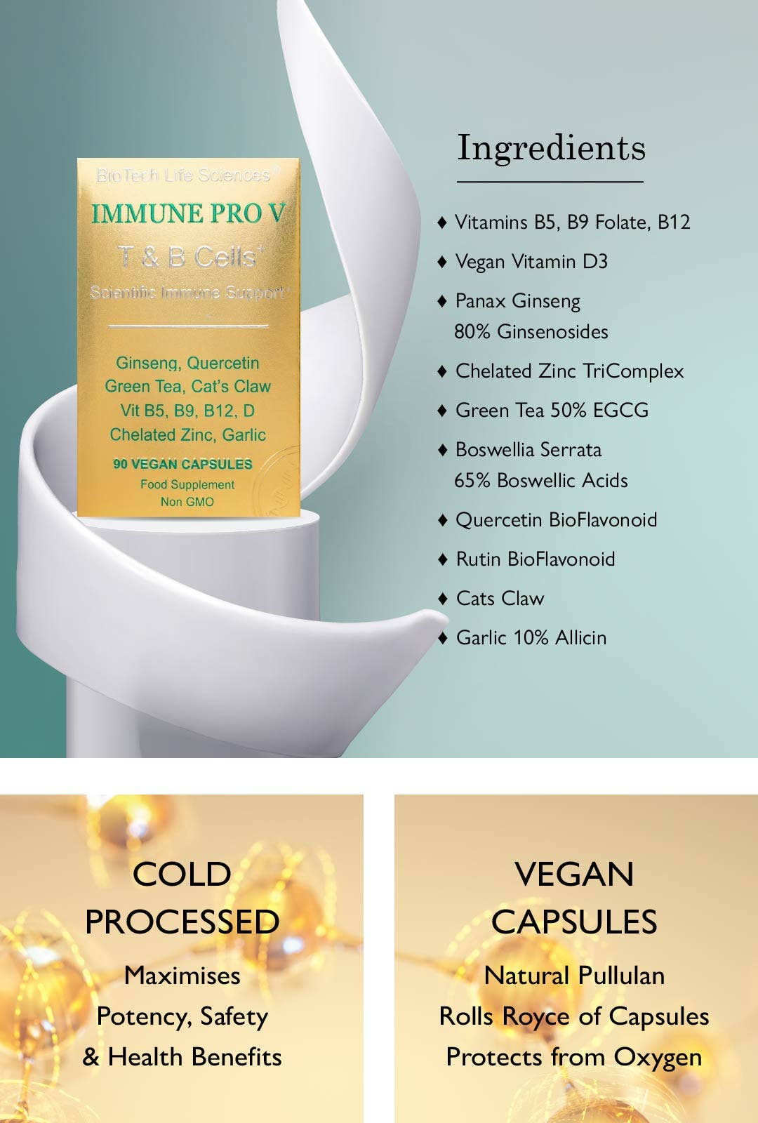 BioTech Life Sciences – Großhandel Nahrungsergänzungsmittel/Vitamin zum Einnehmen – Immune 5: Vit D3 B5 B9 B12 Zink Ginseng Knoblauch Grüntee 3