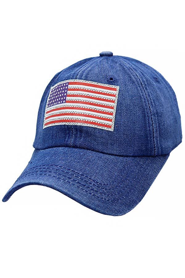 Cap Zone - Wholesale Baseball Cap - Unisex - American Flag Rhinestone Patch Washed Denim Baseball Cap12