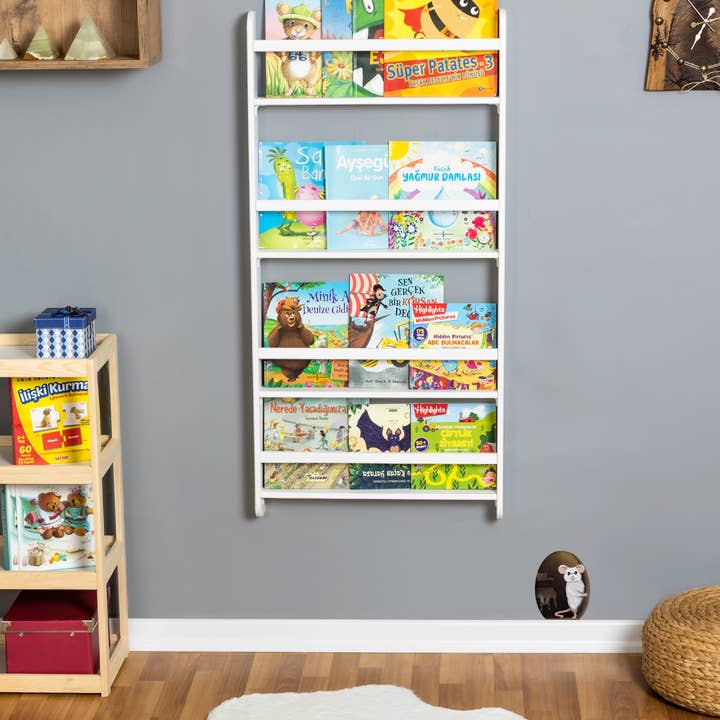 CosyDecorArt - Wholesale Bookcase - Walnut Color Montessori Wall Mounted 4 Shelf Kid Bookshelf