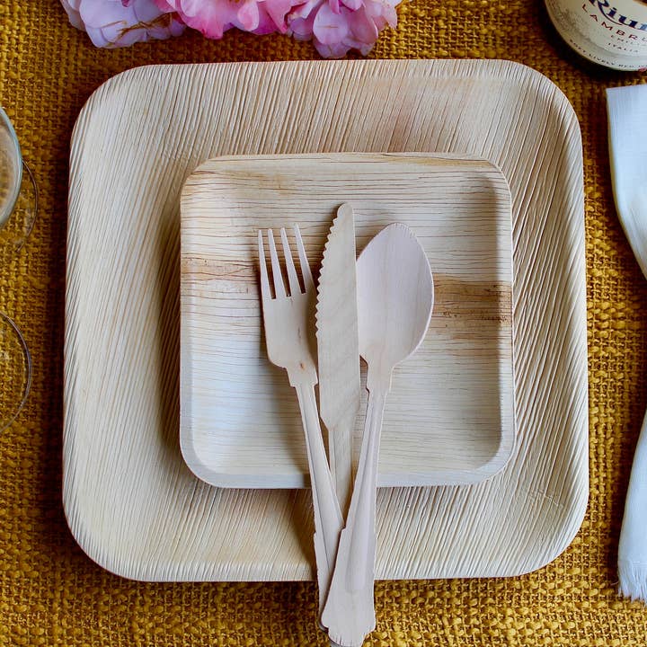 Palm Plates 200 Pices 9.5" And 200 Square 7" and 600 Cutlery for wholesale by Eco Elegant Table Ware