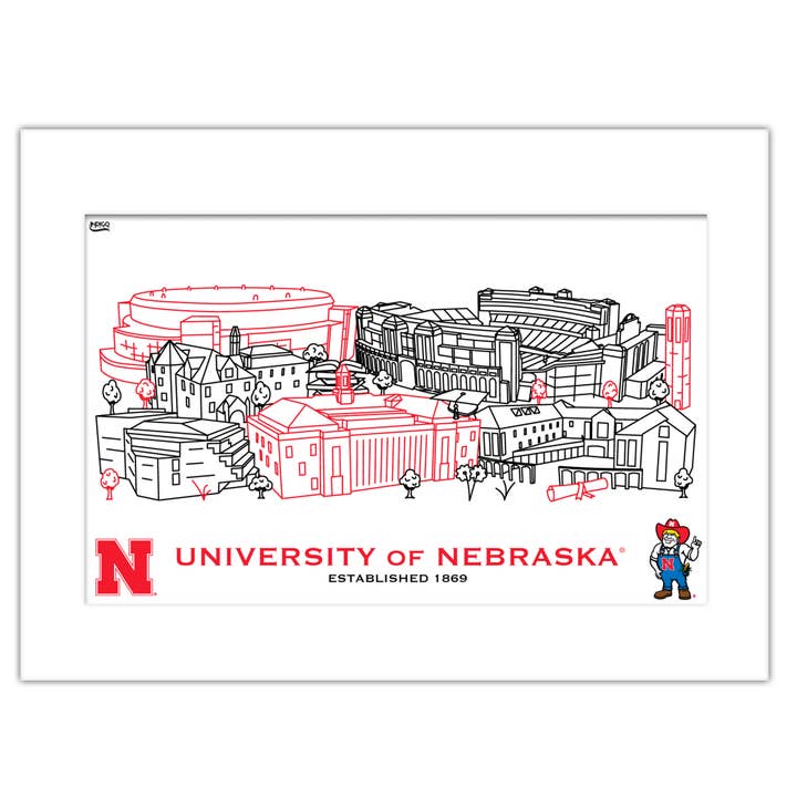 Nebraska Cornhuskers Mattierte Campus-Linien-Wandkunst 11" x 14" für den Großhandel von Indigo Falls