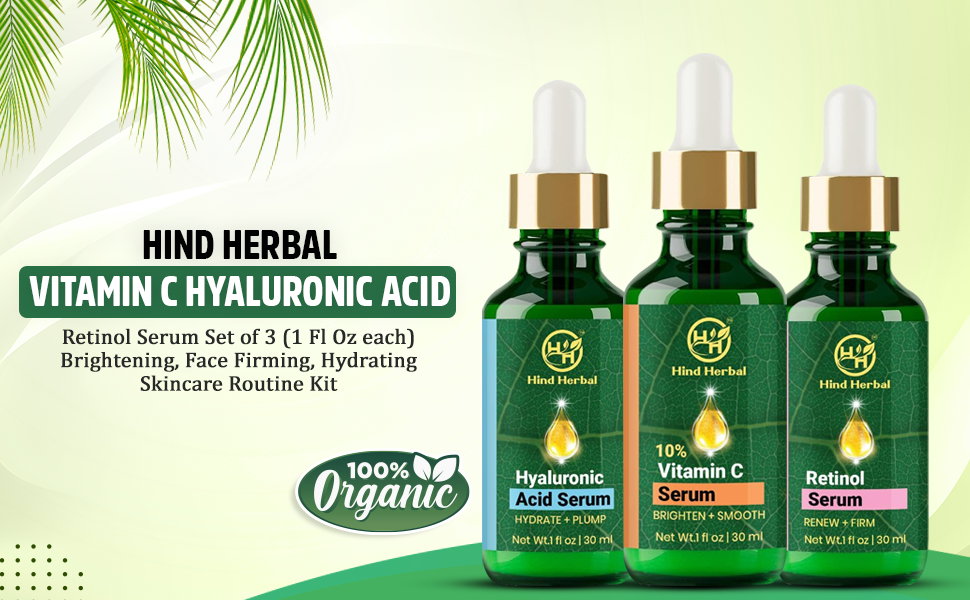 Hind Herbal – Soro facial por atacado – Conjunto de 3 sérum de retinol de ácido hialurónico Hind Herbal Vitamina C 6