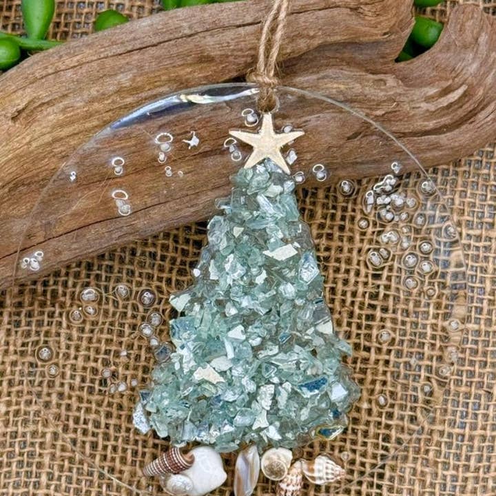 Sea Dreams Coastal Art - Wholesale Ornament - Coastal Christmas Ornament- Aqua Christmas Tree w/ shells , Beachy Christmas,starfish, Handmade, glass ornament,resin art, Beachy ornament2