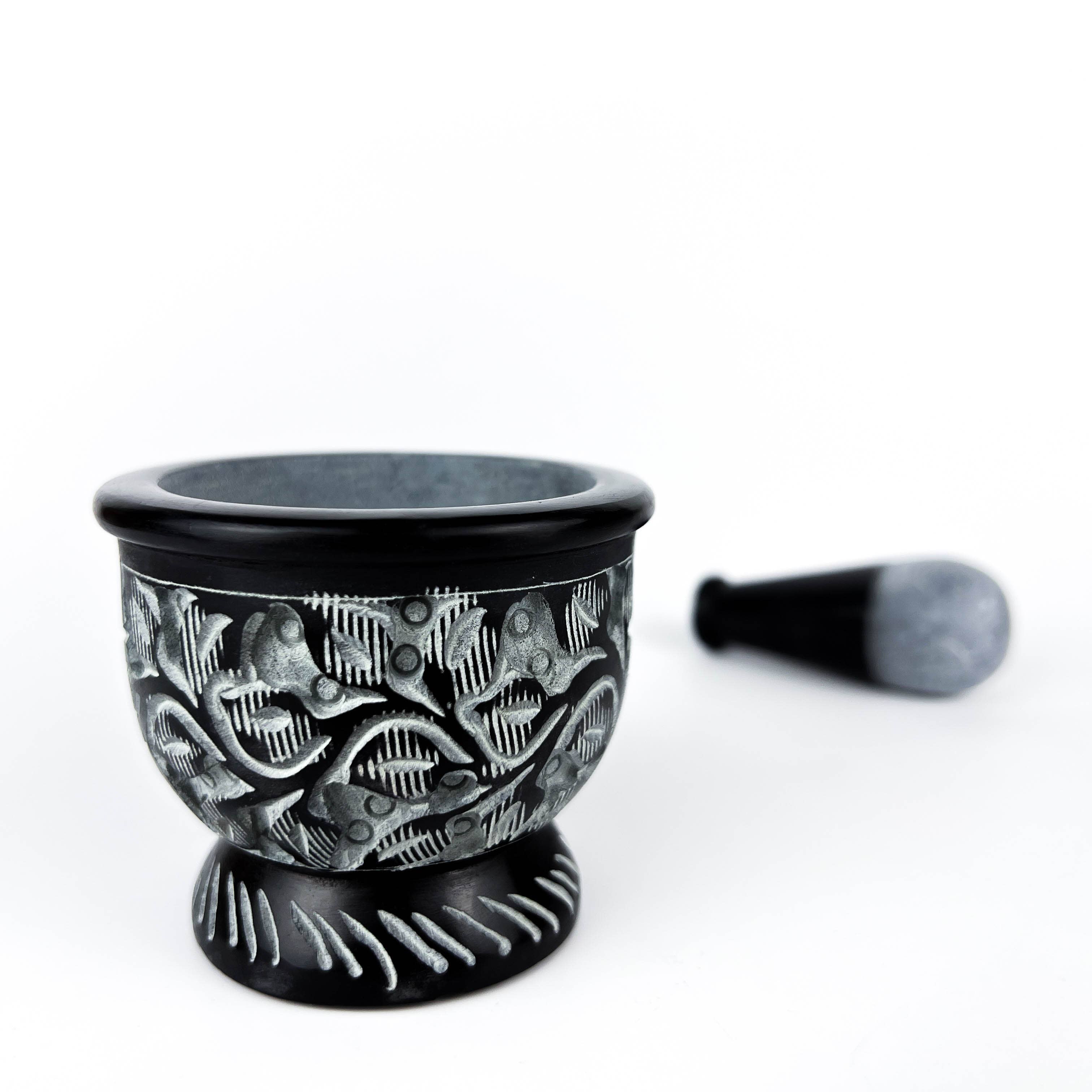 GREENROOTS USA LLC - Wholesale Mortar & Pestle - Black Carved Soapstone Mortar & Pestle 2.5"H, 3"D9