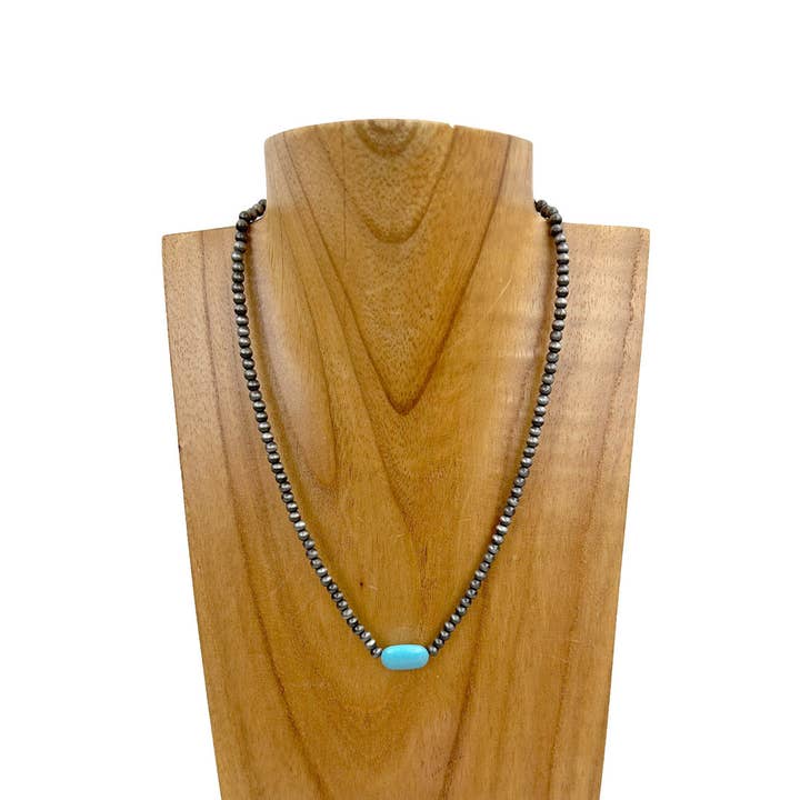 NKZ230930-52 16 Inches silver Navajo pearl beads with blue turquoise stone Necklace for wholesale by Western Elite Jewelry