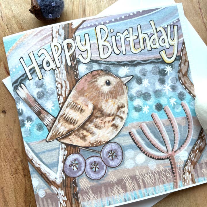 Wren Birthday Card, Happy Birthday Card. for wholesale by Slumbermonkey Designs