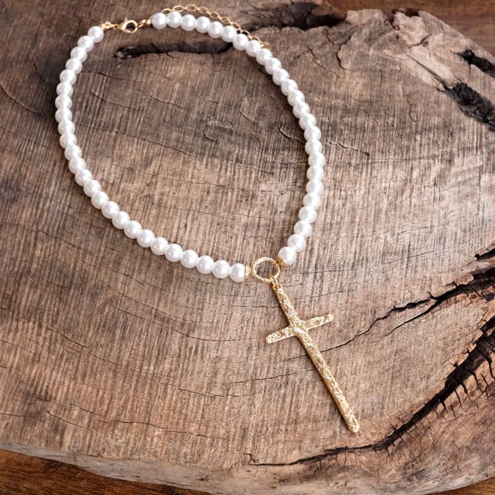 PennyLine inc - Wholesale Beaded/Pearl Necklace - Primitive Cross Necklace Gold Pearl Turquoise Beads