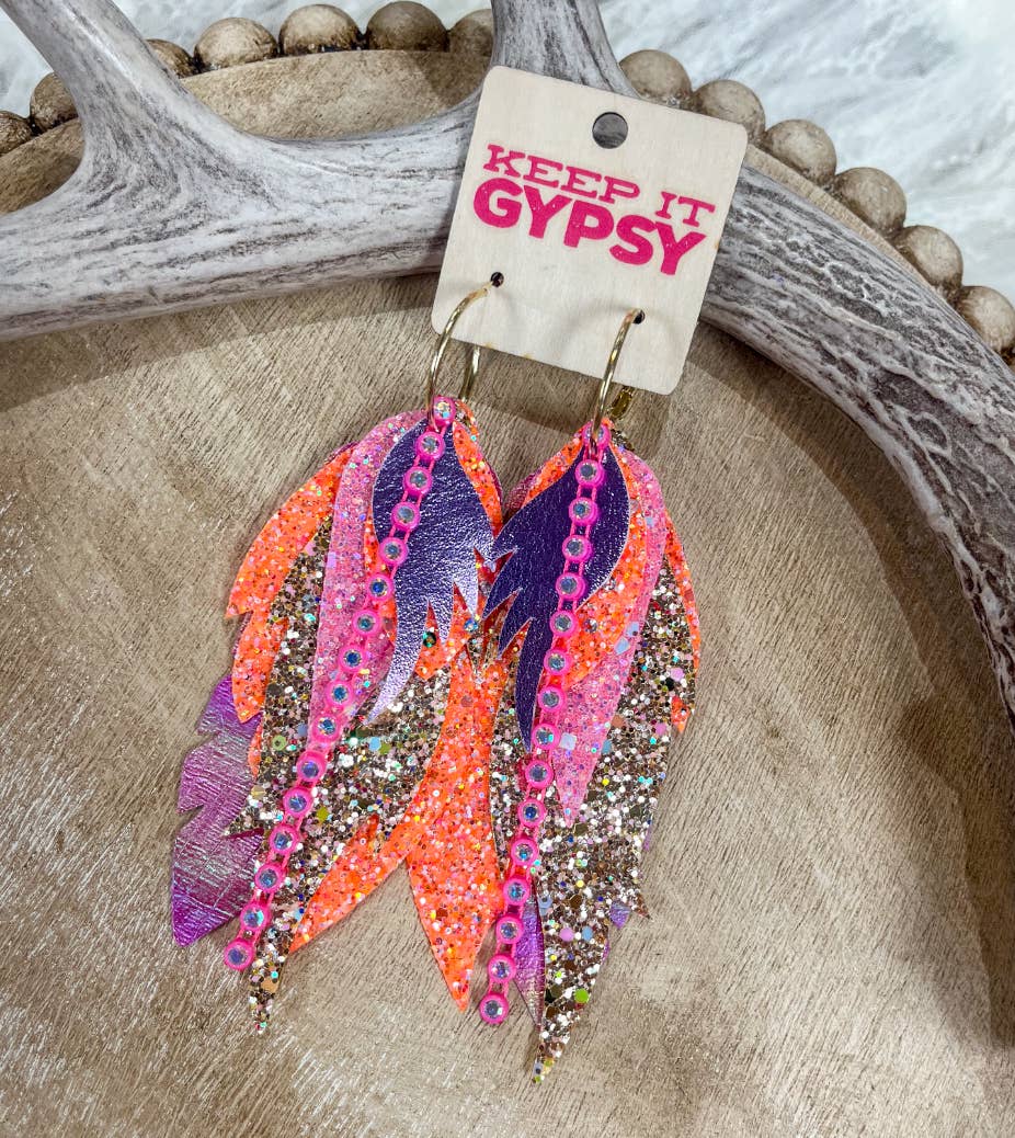 Keep it Gypsy - Wholesale Dangle Earrings - Pink & Orange Feather Earrings
