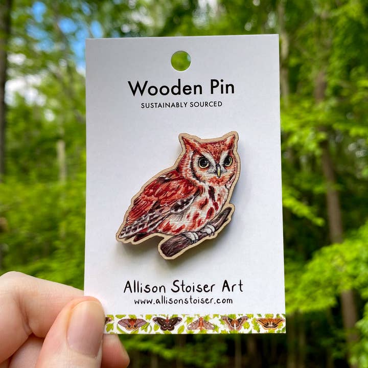 Eastern Screech Owl Wooden Pin (Sustainably Sourced) for wholesale by Allison Stoiser Art