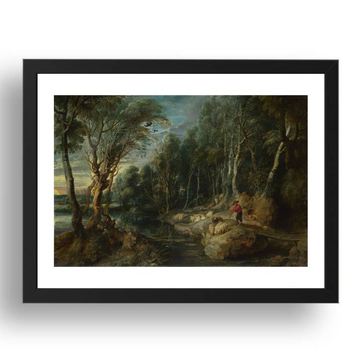 Peter Paul Rubens: Een herder met zijn kudde in een bosrijk landschap, poster in 17x13" (A3) lijst voor wholesale door PERIOD PRINTS