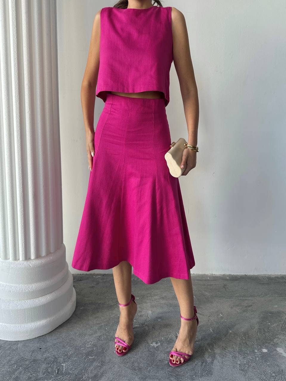 Design company-Fatma Balkir - Vente Ensemble haut et jupe - Femme - Ensemble élégant en lin avec jupe midi et blouse courte - Tailleur jupe3