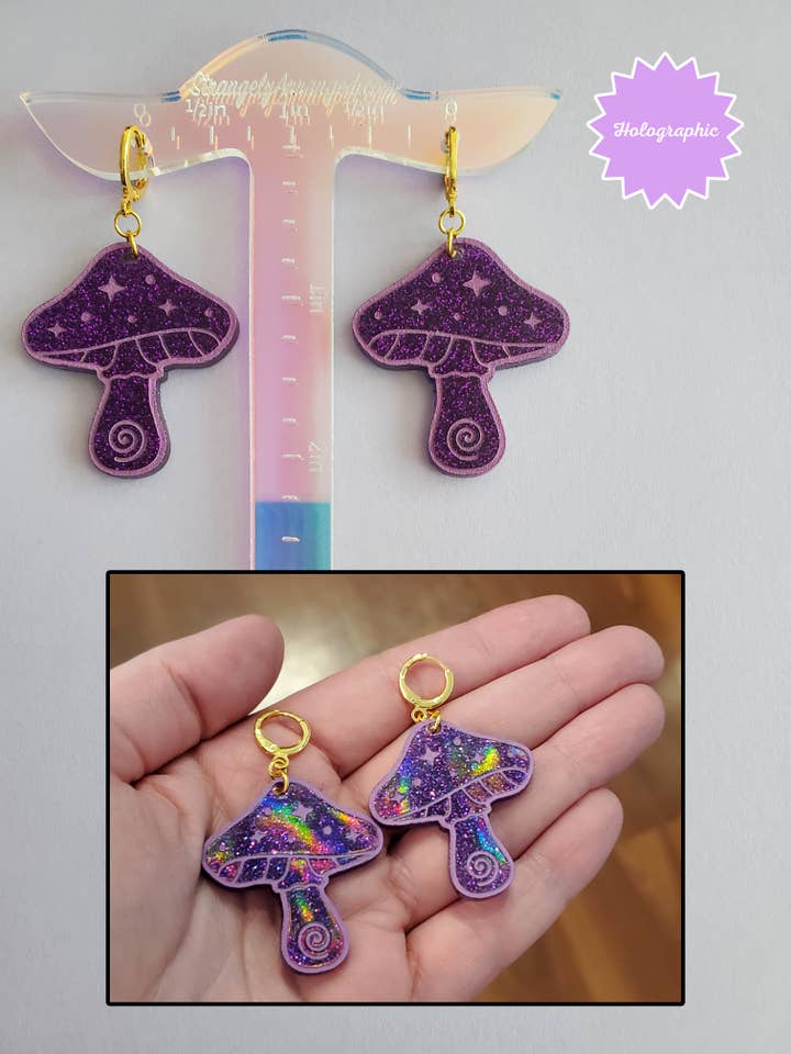 Earrings | Mushroom Trippy Holographic Dangle Earrings for wholesale by StrangelyArranged