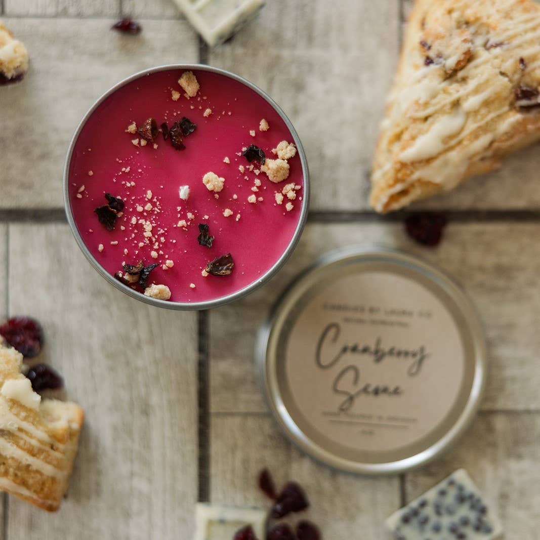 Candles By Laura - Wholesale Travel Candles - Cranberry Scone 8 oz Soy Gift Tin