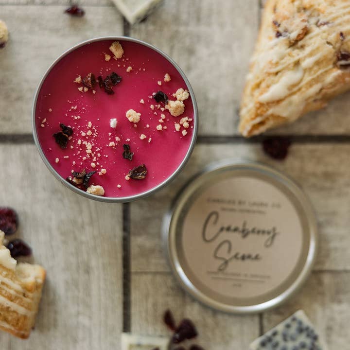 Candles By Laura - Wholesale Travel Candles - Cranberry Scone 8 oz Soy Gift Tin0