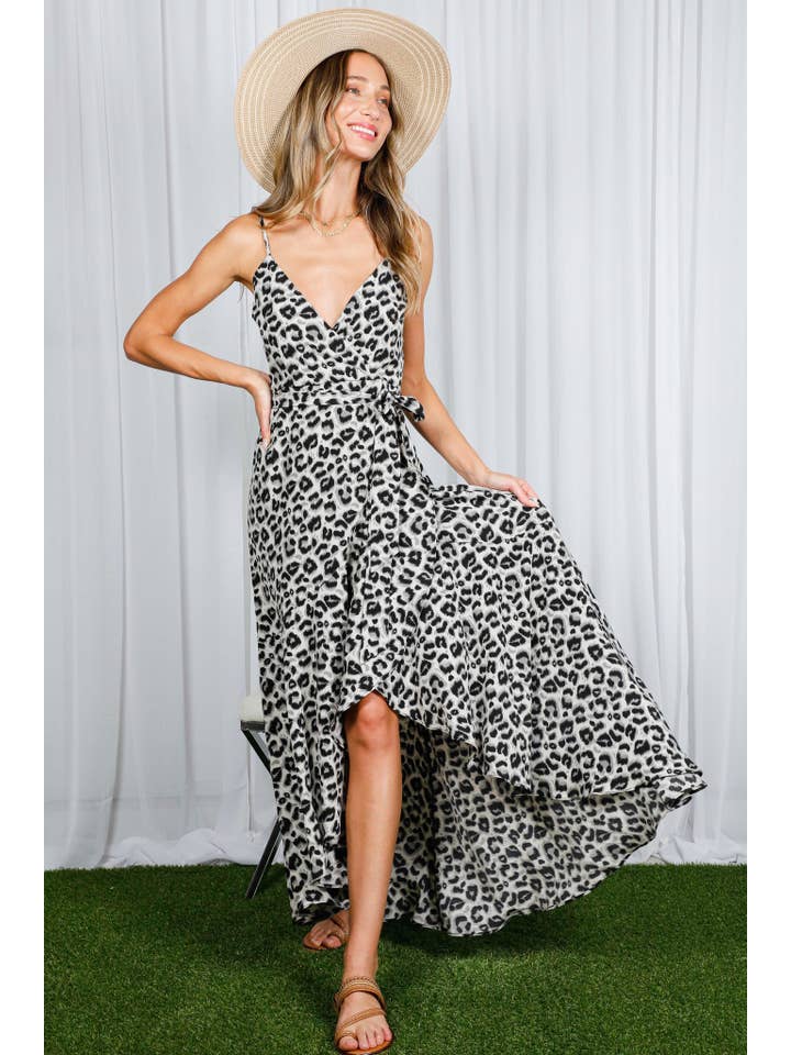 Vine & Love - Wholesale Dress - Women's - Adjustable Strap Tie Waist Leopard Printed Dress VD81413A12