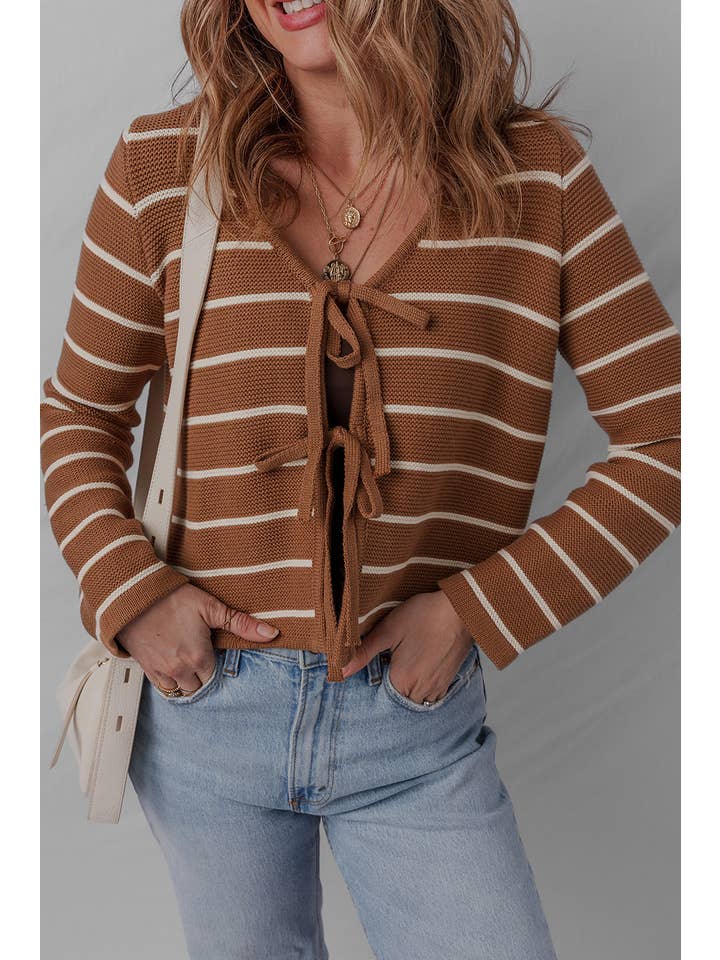 Chestnut LDC V Neck Tie Front Striped Knit Cardigan Sweater for wholesale on Faire