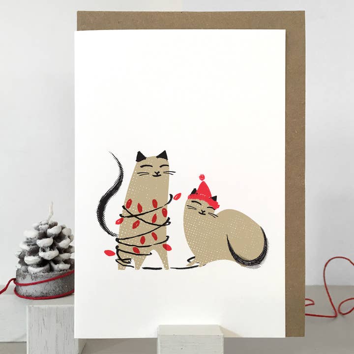 Cute Two Cats in Lights Christmas Card | Xmas Card | Holiday for wholesale by Purpose & Worth etc
