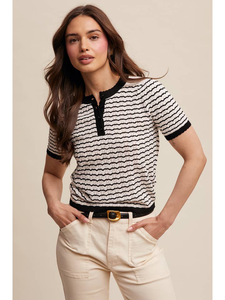 Listicle - Wholesale Knit Sweater - Women's - Striped Lace Light Weight Knit Sweater Top