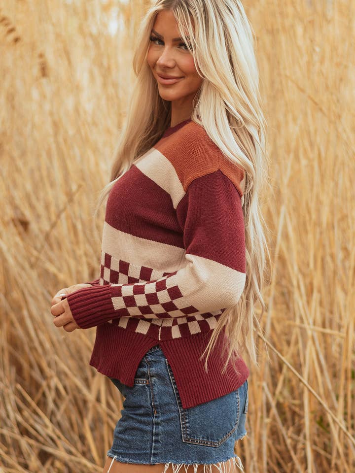 Brown Noelle Checkered Knitted Sweater for wholesale on Faire2