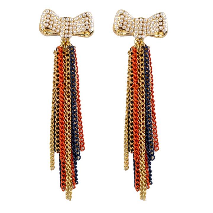 Bow Dangle Øreringe Navy/Orange/Guld 3" for engroshandel hos The Royal Standard