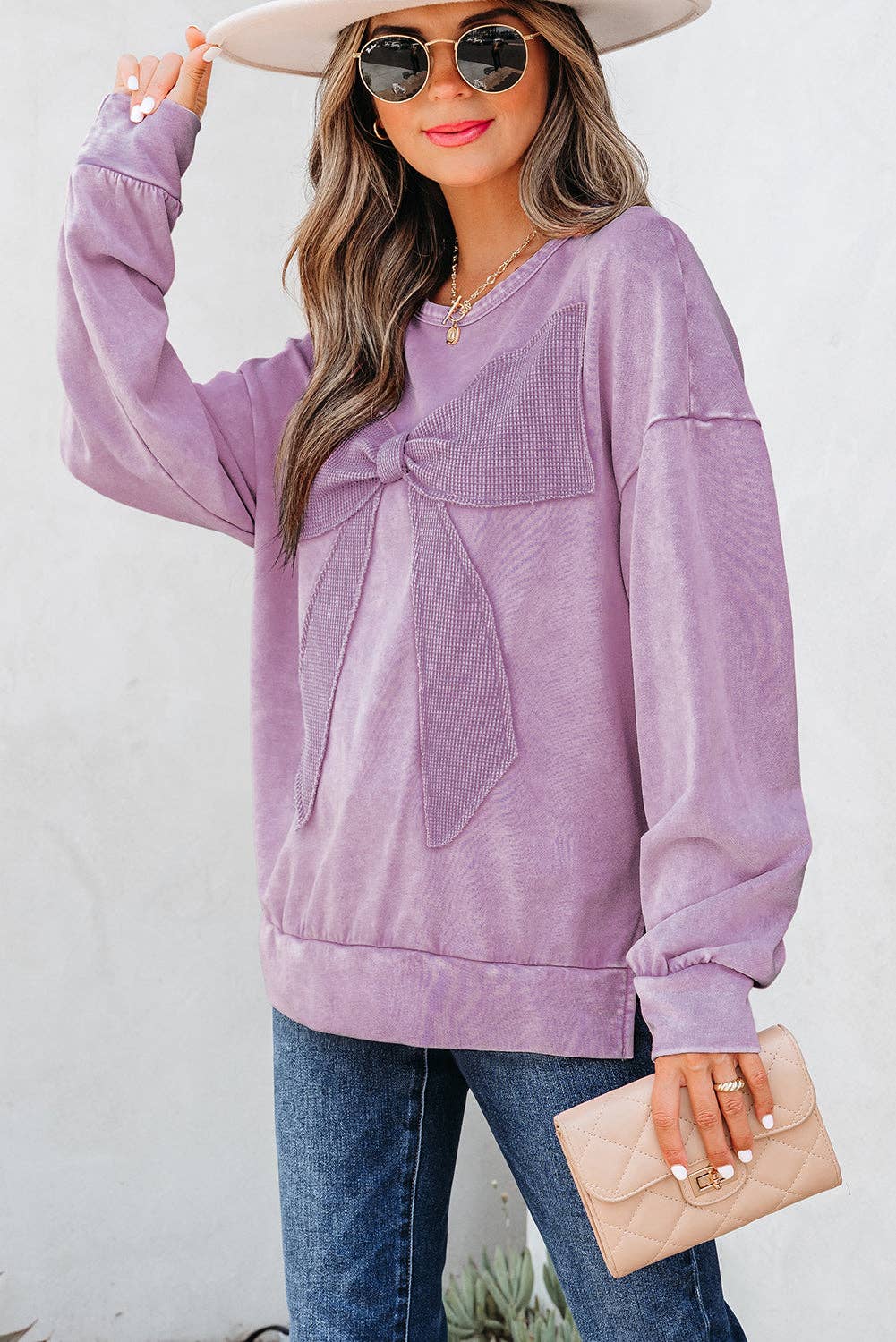 PRETTY BASH – wholesale Sweatshirt – Women's – Solid Bow Patchwork Mineral Wash Sweatshirt2