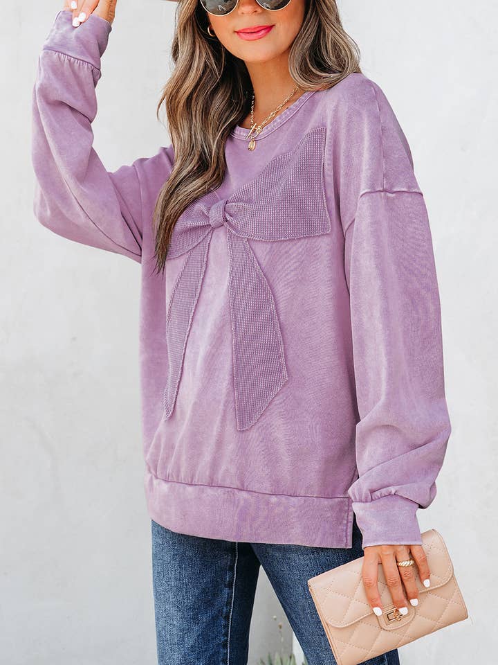 Lovesoft - Wholesale Sweatshirt - Women's - Orchid Bouquet Mineral Wash Big Bow Patchwork Pullover Sweatshirt7